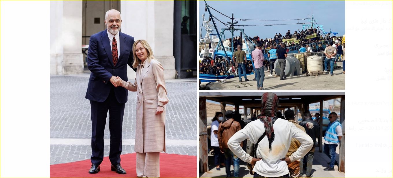 رئيس الوزراء الإيطالية ميلوني ورئيس الوزراء الألباني إيدي راما والمهاجرين
