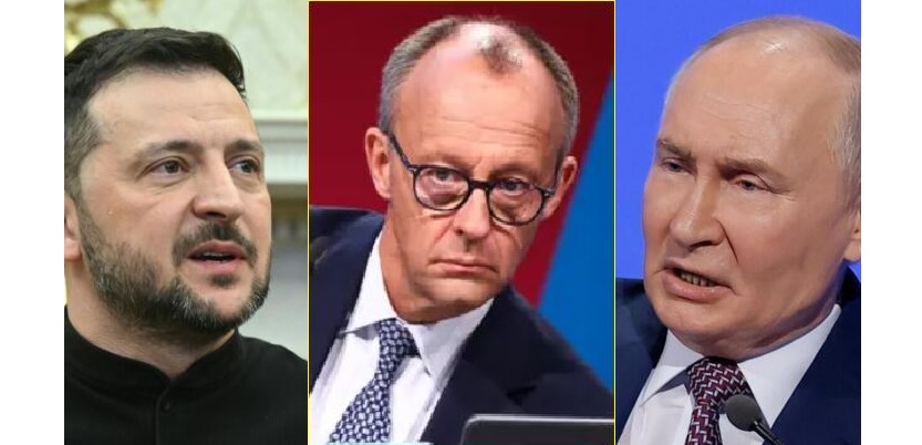 بوتين وزيلينيسكى وبينهما المستشار الألمانى ميرتس