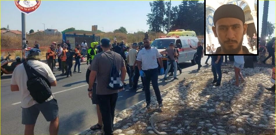 موقع حادث الدهس وفى الإطار صورة الفلسطينى أركان خالد
